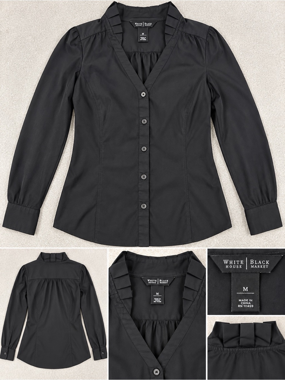 White House Black Market Black Pleated-Collar Button Down Blouse